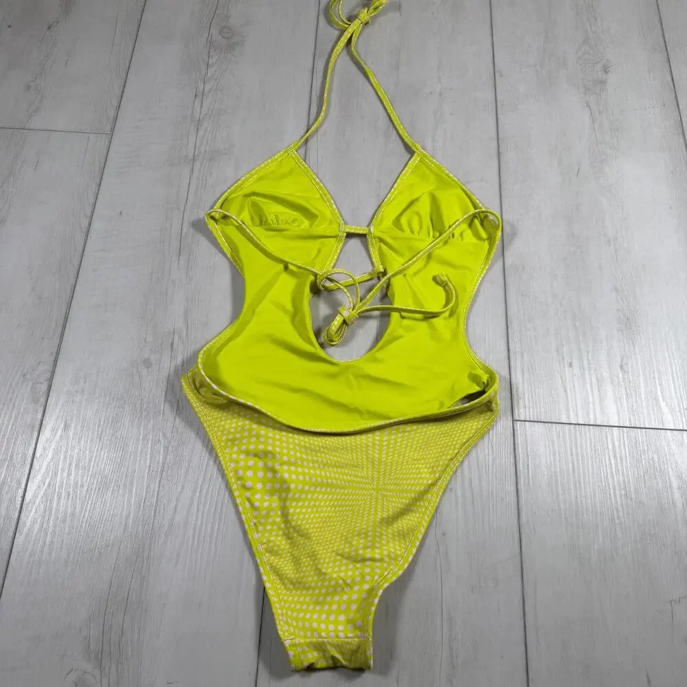 Frankie’s Bikinis Amanda One Piece Swimsuit Yellow Pink Dotted Small